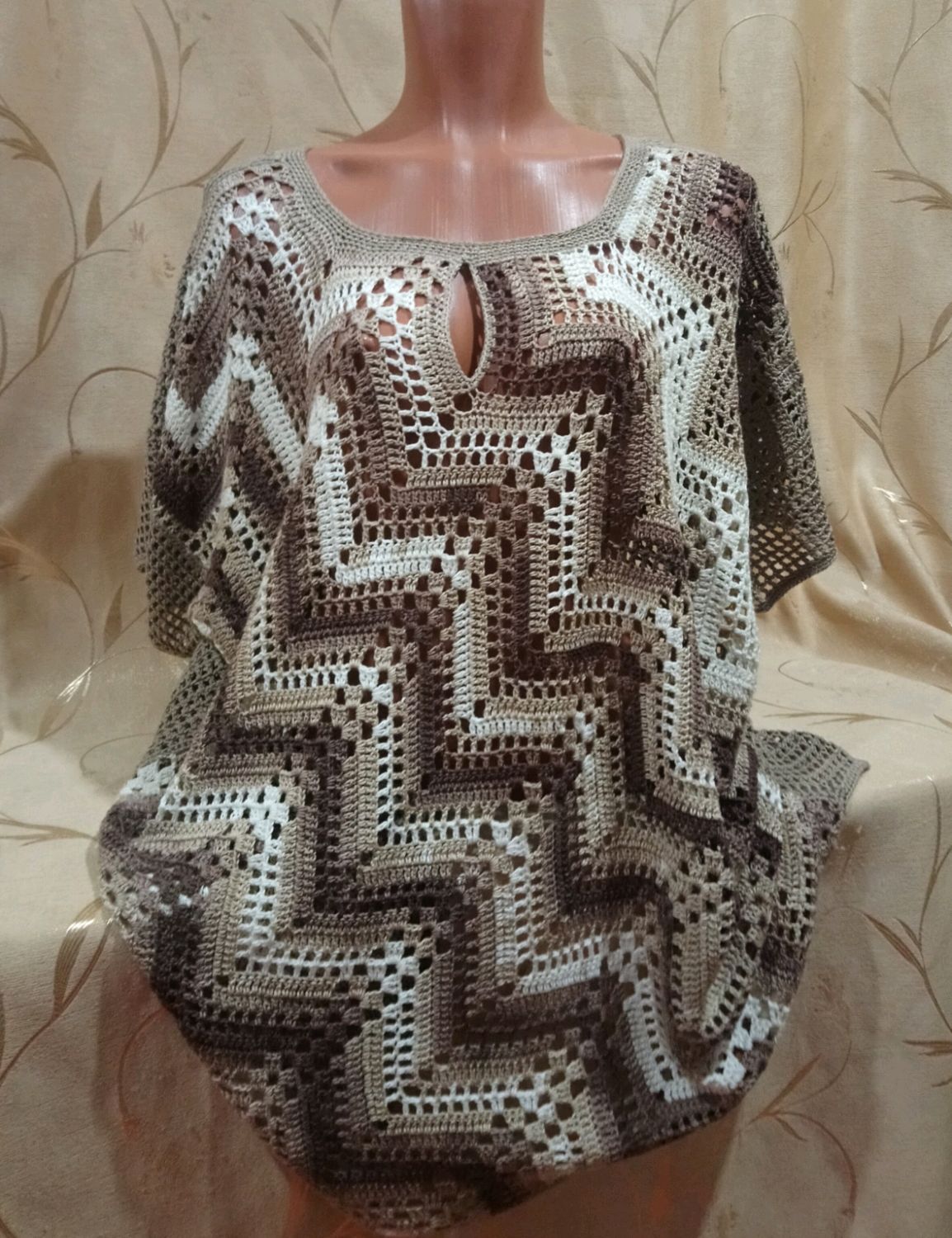 Вязаная летняя туника, сетка, узор зигзаг, миссони, широкая блуза ...