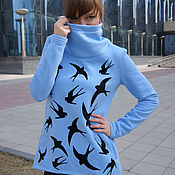 Одежда handmade. Livemaster - original item Long Swallow sweatshirt, blue sweatshirt with stand-up collar.. Handmade.