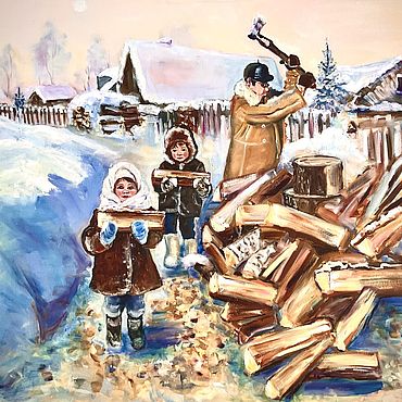 Картины и панно ручной работы. Ярмарка Мастеров - ручная работа Картина маслом с детьми «Помощники»  100х80 см из серии «Ретро дети». Handmade.