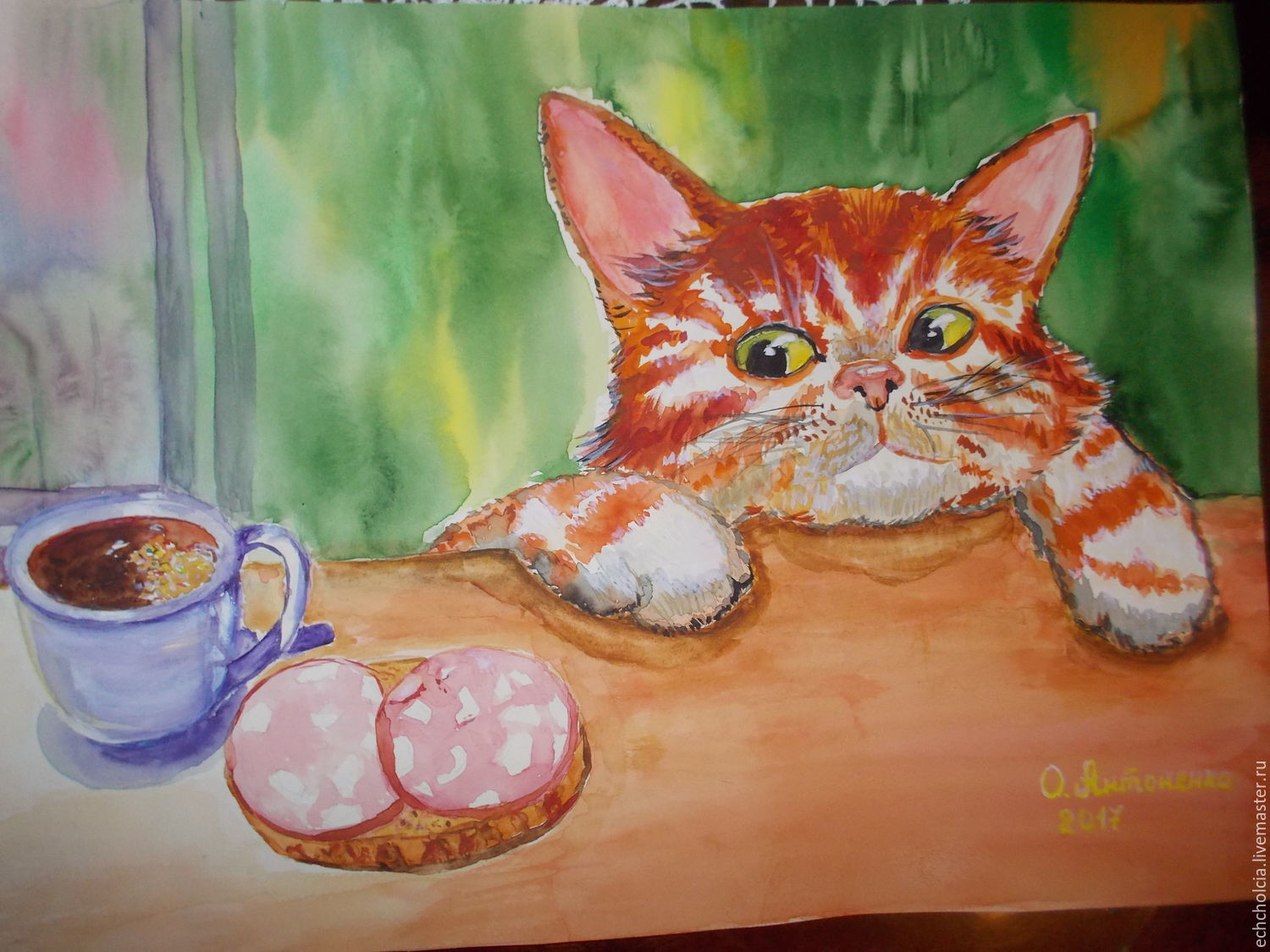 Кот с блинами рисунок. Коты рисунки. Картина с колбасой. Блины в живописи. Натюрморт с котом.