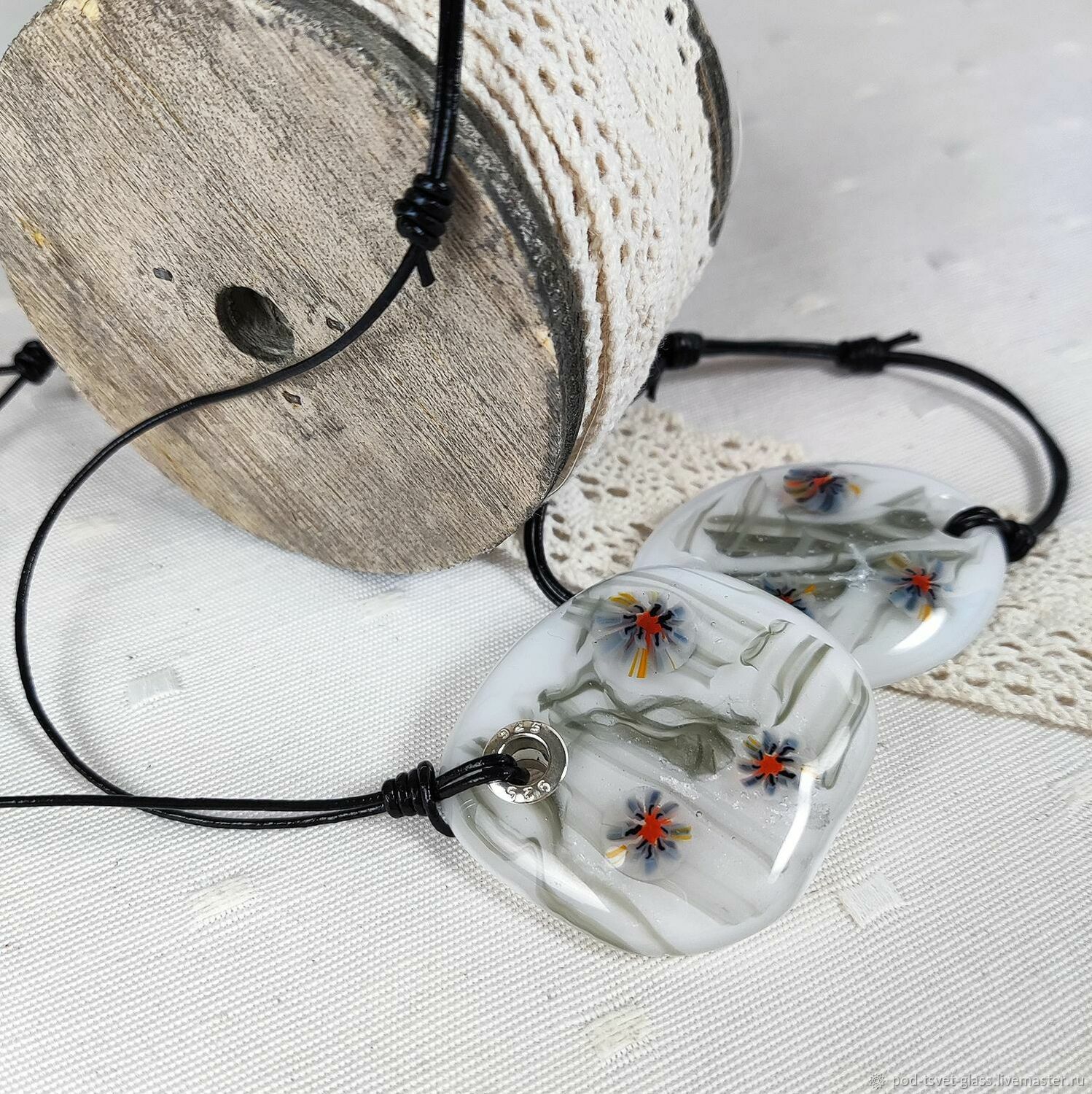 Браслет и подвеска из стекла ручной работы Перламутровый муар купить в ...