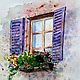 Painting provence Italy window with flowers purple city landscape, Pictures, Moscow,  Фото №1