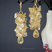 Earrings-bunches - rutilated quartz, chrysocolla, garnet, gold plated