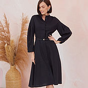 Одежда handmade. Livemaster - original item Black linen dress with stand-up collar. Handmade.