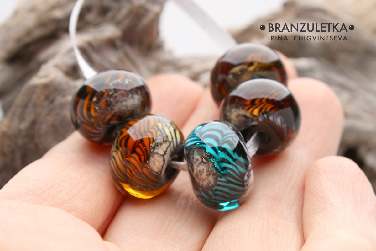 Tiger for craft - set 5 lampwork Branzuletka beads - jewelry making, Beads1, Moscow,  Фото №1