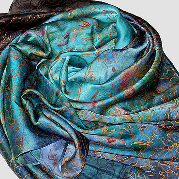 Аксессуары ручной работы. Ярмарка Мастеров - ручная работа Платок из натурального шелка "Лето в бирюзе" ручная роспись батик. Handmade.