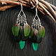 Green earrings with feathers, Tassel earrings, Godsend,  Фото №1