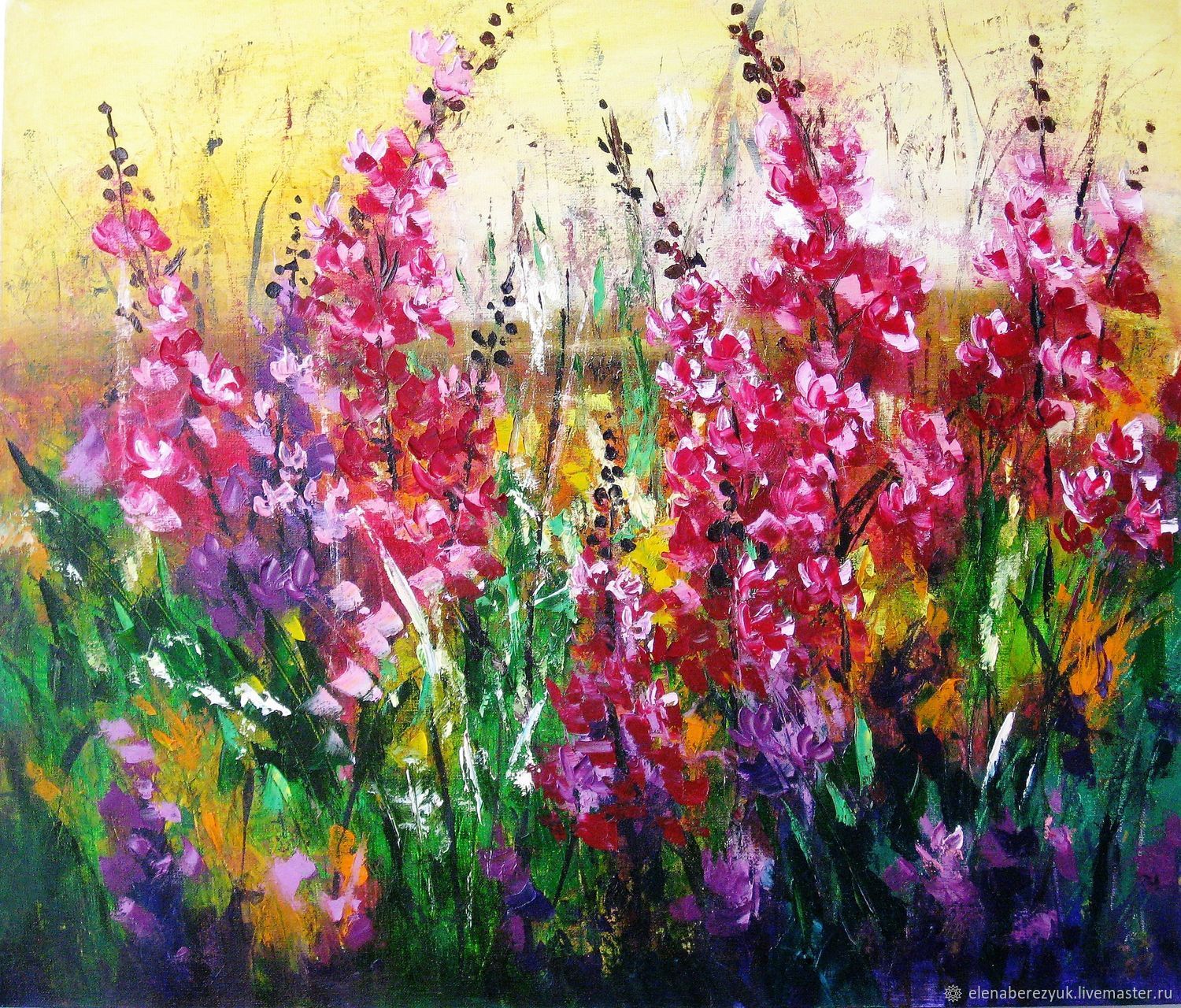 Pink flowers oil painting on canvas Summer landscape with ...