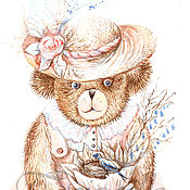 Watercolor Easter Bear with a gift