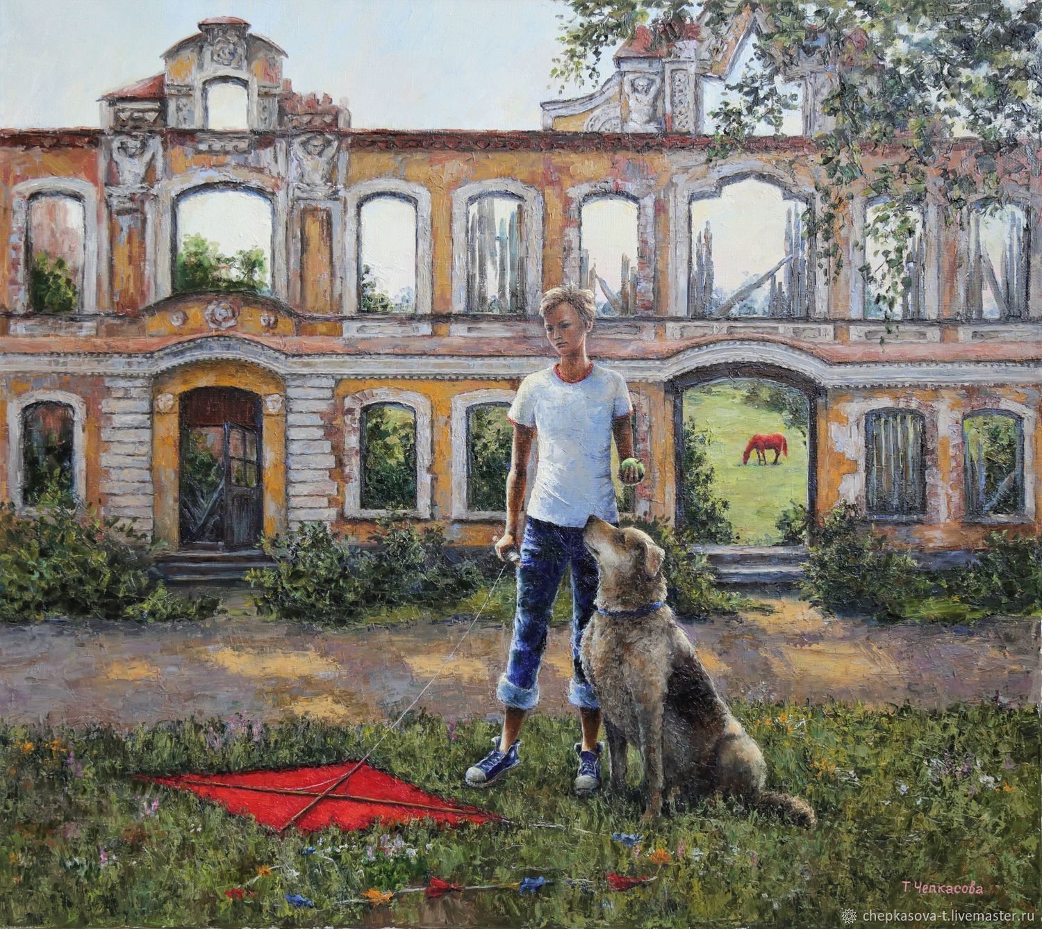 Мальчик с собакой. 80х90 см, Картины, Москва,  Фото №1