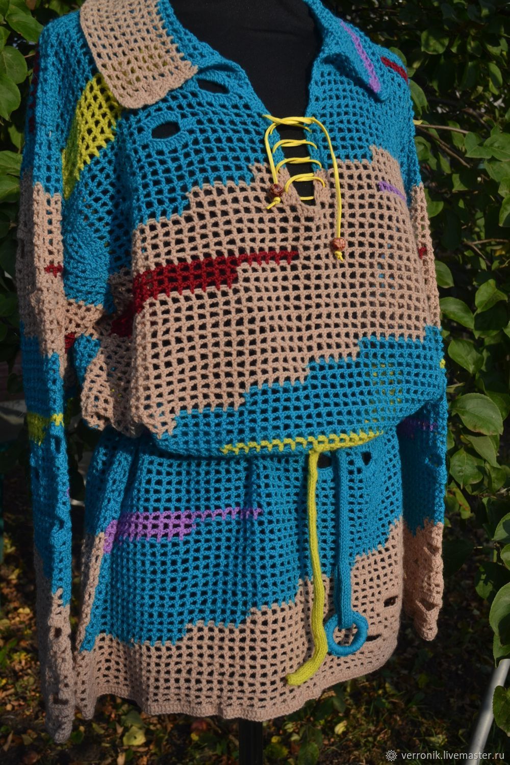 Clothing.Tunic. Tunic knitted `Stained glass 2` Turquoise, beige. Boho. Handmade Coats and sweaters handmade. Capitanich knitted `Stained glass 2` Turquoise. Handmade.  Shop masters of Dominica.
