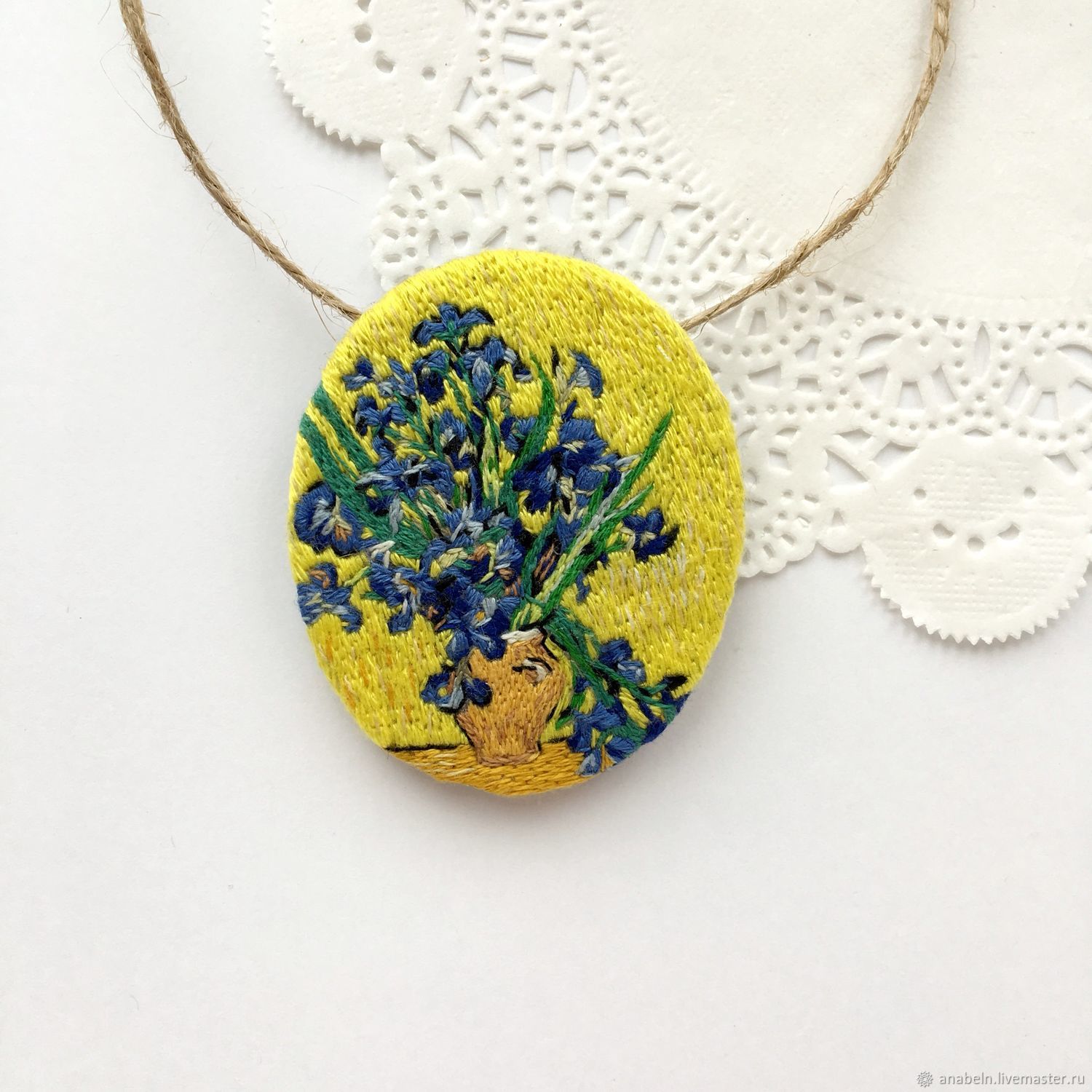 Brooch-pendant painting In van Gogh's still life Vase with irises on a ...