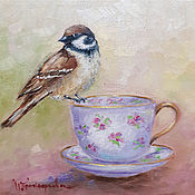 Картины и панно handmade. Livemaster - original item Sparrow with a cup Still life with birds. Handmade.