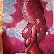 Картина акрилом. Скромный ангел в фиолетовом платье. 40х40 см