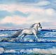 Пенящееся море и бегущая по волнам белая лошадь, создают динамичную и позитивную картину.