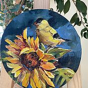 Картины и панно handmade. Livemaster - original item Oil painting Sunflower and Goldfinch. Round canvas. Handmade.