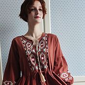 Русский стиль handmade. Livemaster - original item Dress with embroidery brown long. Handmade.