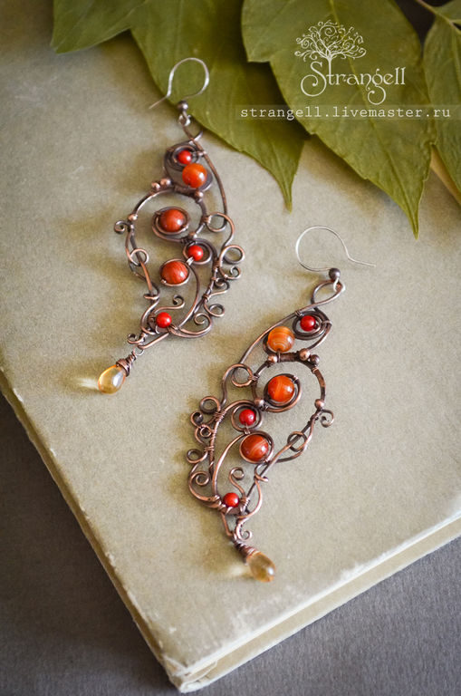 Copper long earrings "Poppy Honey" with carnelian and coral купить на Ярмарке Мастеров
