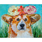 Картины и панно handmade. Livemaster - original item Painting a dog in a wreath portrait of a corgi in oil. Handmade.