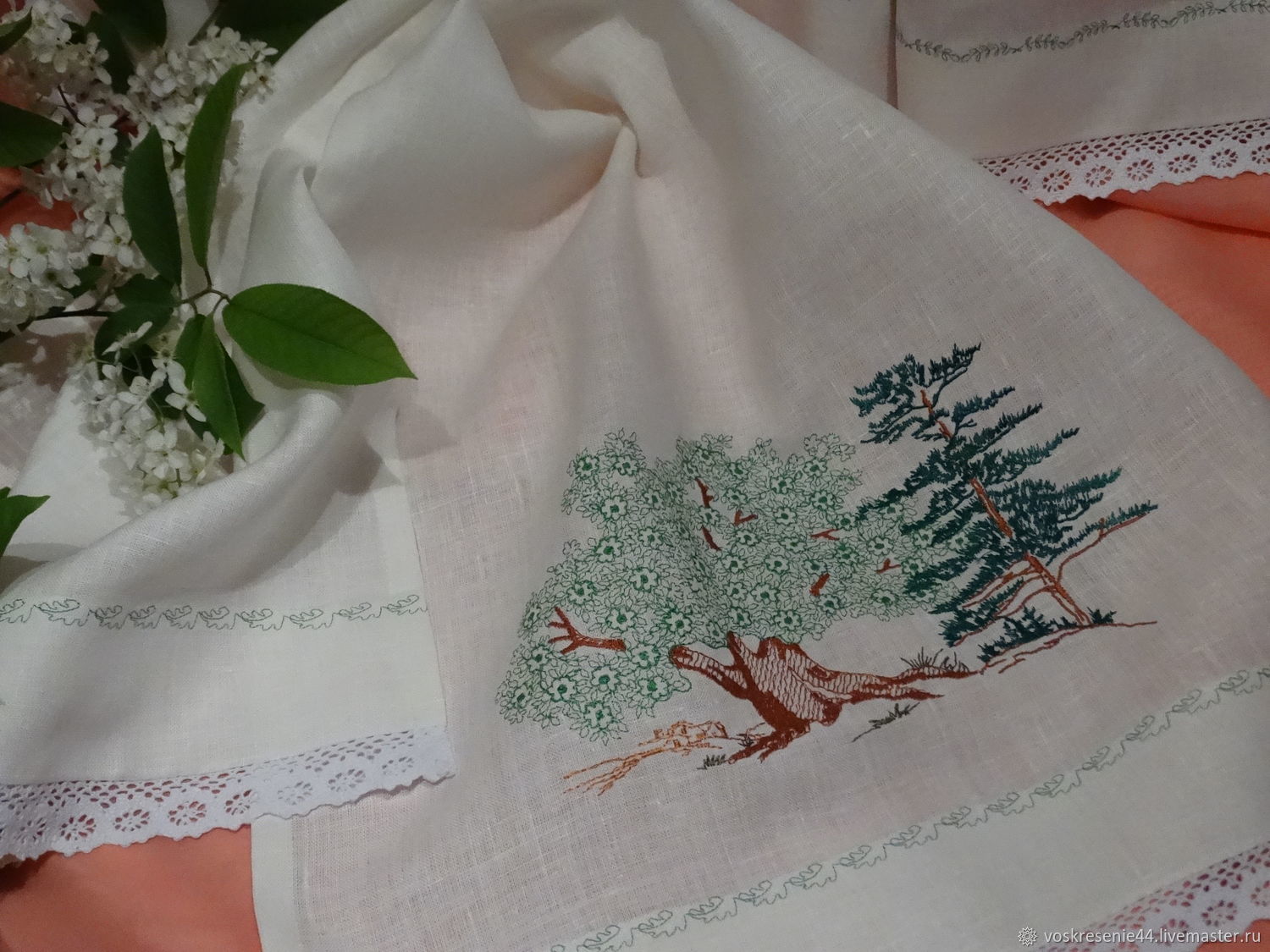 Полотенце льняное с вышивкой и кружевом На лесной опушке в интернет ...