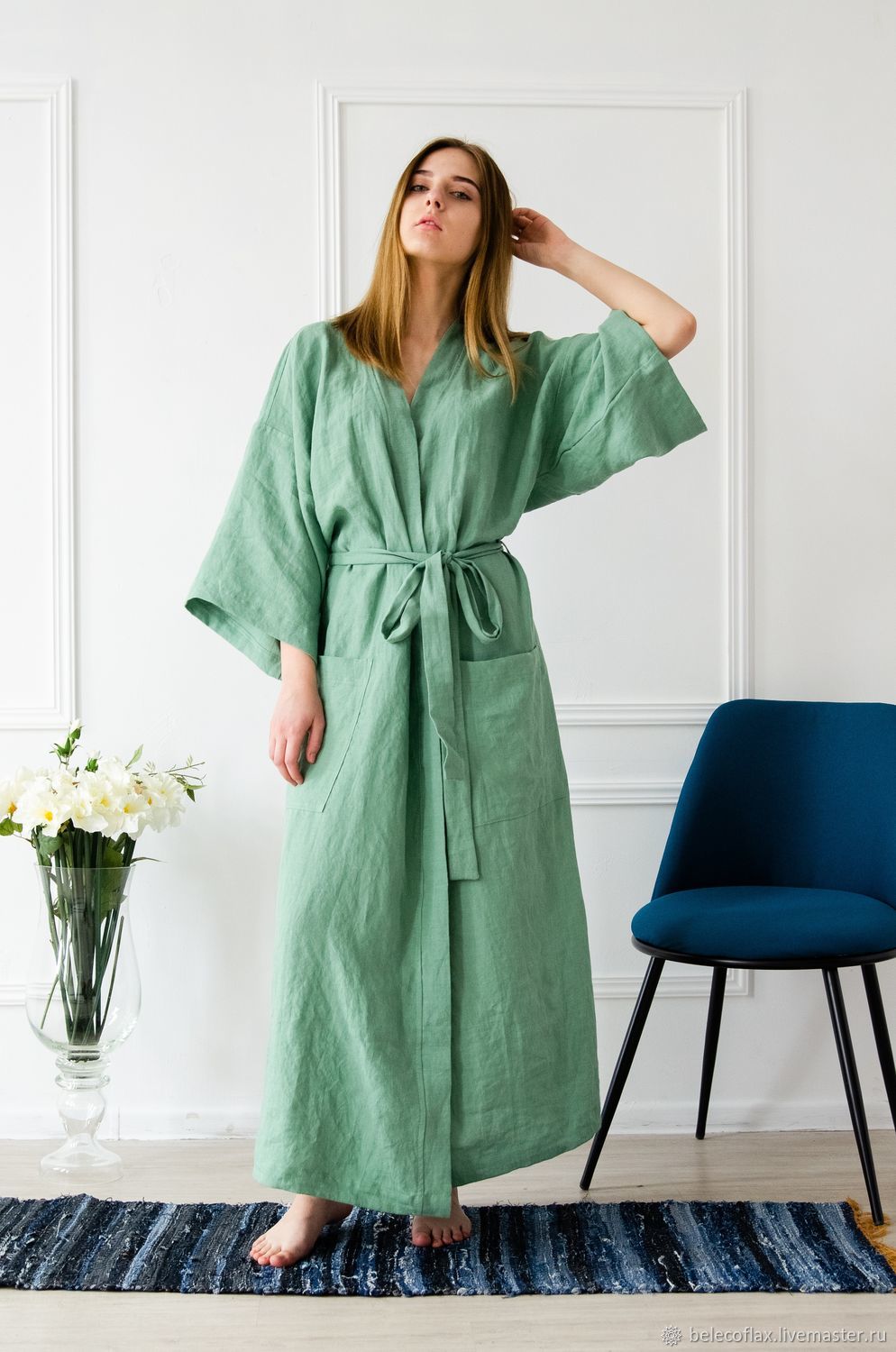 Халат из умягченного 100% льна с эффектом мятости. Энзимная стирка в ...