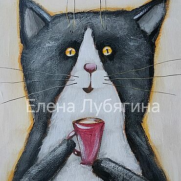 Картины и панно ручной работы. Ярмарка Мастеров - ручная работа Картина с котом Черный кот и чашка кофе. Handmade.