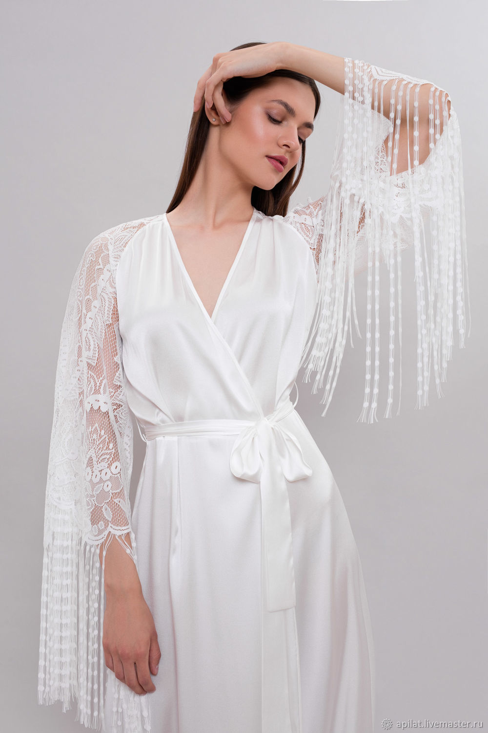 Long Bridal Robe F29, Long Silk Robe, Bridal Robe with Lace Sleeves ...