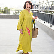 Одежда handmade. Livemaster - original item Linen floor-length yellow-green dress with Feather embroidery. Handmade.
