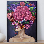 Картины и панно handmade. Livemaster - original item Oil painting of a girl in a hat made of flowers and fruit. Handmade.