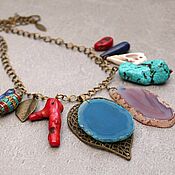 Украшения handmade. Livemaster - original item Necklace on a chain with agates, coral leaf blue red bronze turquoise. Handmade.