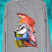 Одежда handmade. Livemaster - original item Longsleeve t-shirt with a picture of a Fox and Bunny Zeropolis hand painted. Handmade.