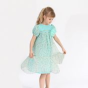 Одежда детская handmade. Livemaster - original item Turquoise summer dress made of silk chiffon for a girl on the height of 140. Handmade.