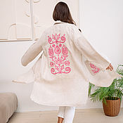Одежда handmade. Livemaster - original item Elongated Linen Shirt natural color pink embroidery. Handmade.