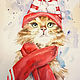 Рисунок акварелью Зимний кот, Картины, Москва,  Фото №1