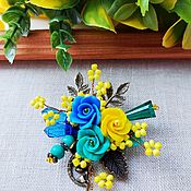 Украшения handmade. Livemaster - original item Brooch bouquet of roses yellow blue green. Handmade.