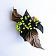 Leather brooch flower with stamens Tara Green marsh brown, Brooches, Moscow,  Фото №1