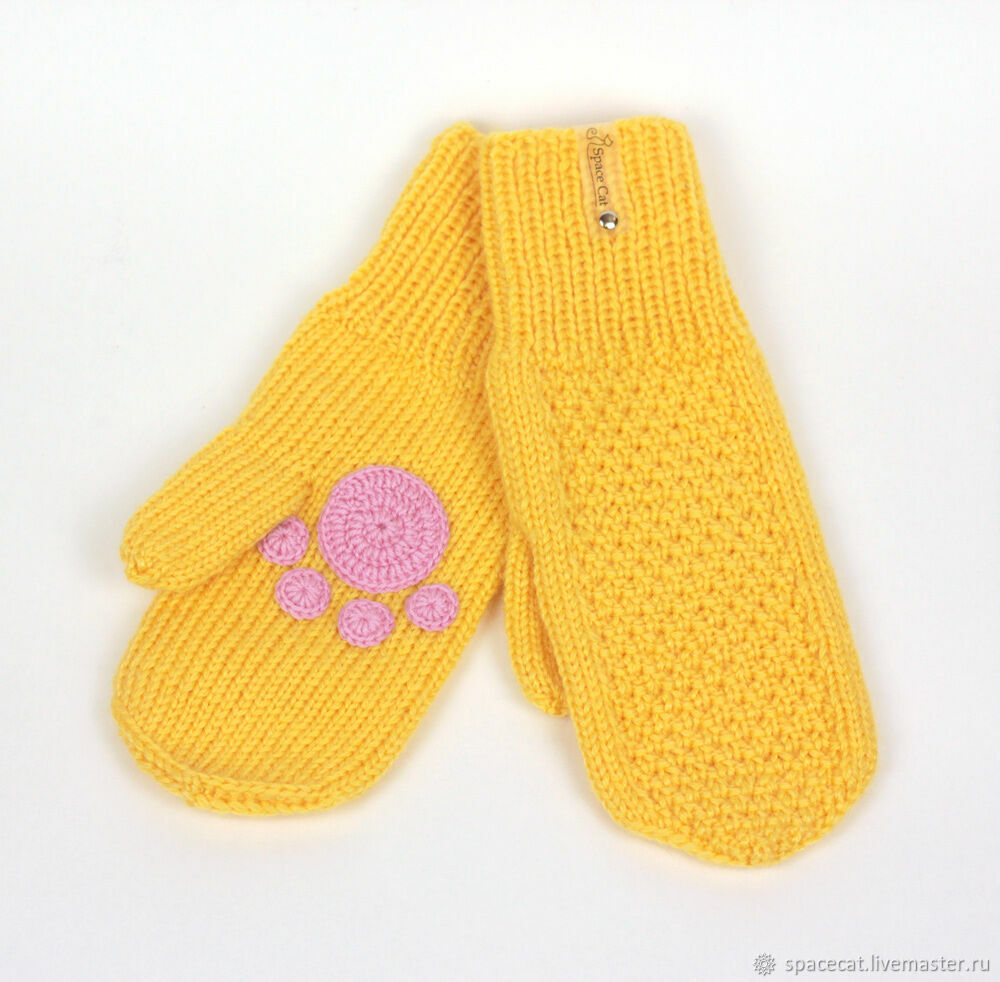 Варежки с лапками Кошка вязаные женские детские Желтые в интернет ...