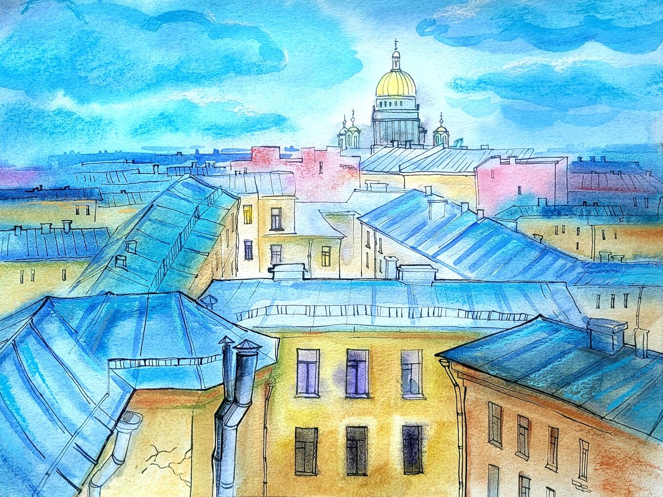 Питерские крыши акварель