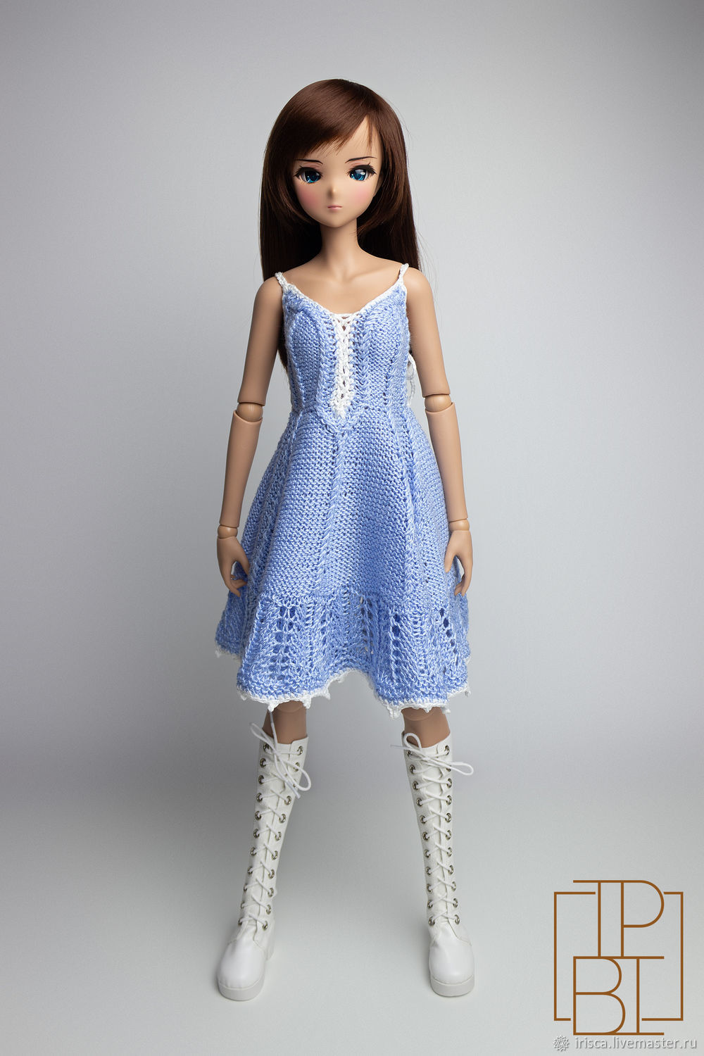 white evening dress & decorative blue floral collarless swing coat set fitted for Smart doll or other 60cm BJD