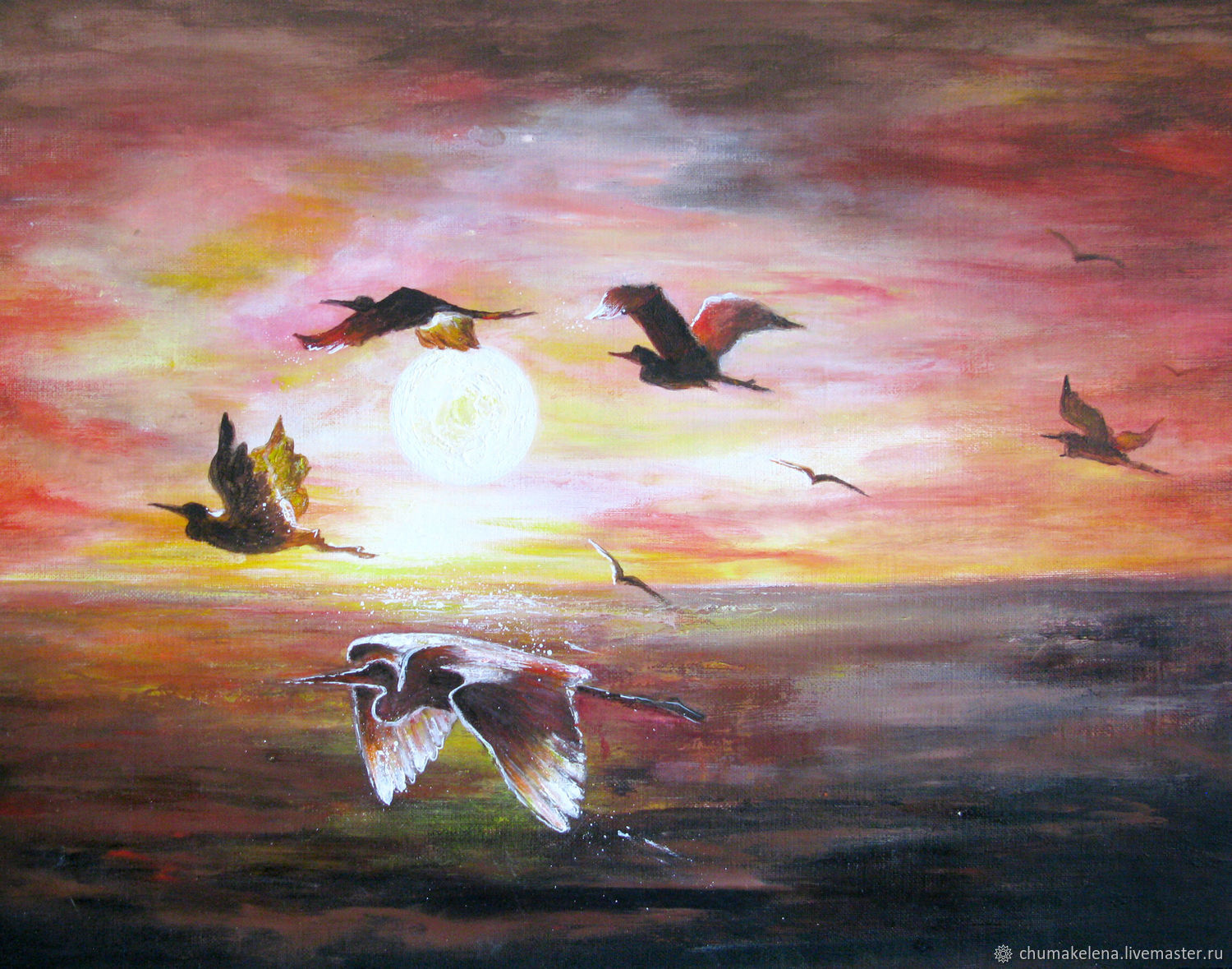 Картина Цапли, летящие птицы на закате. Пейзаж с птицами - акрилом в ...