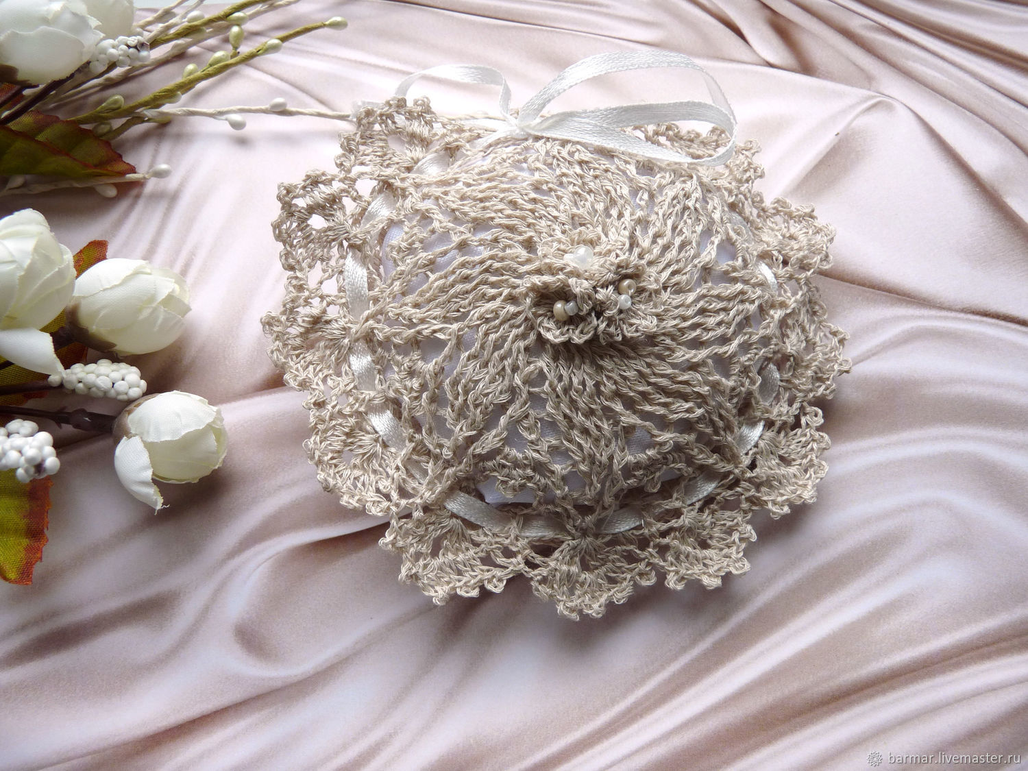 Copy of Knitted doily 33 cm white linen (ivory) interior for serving, Aromatic sachets, Moscow,  Фото №1