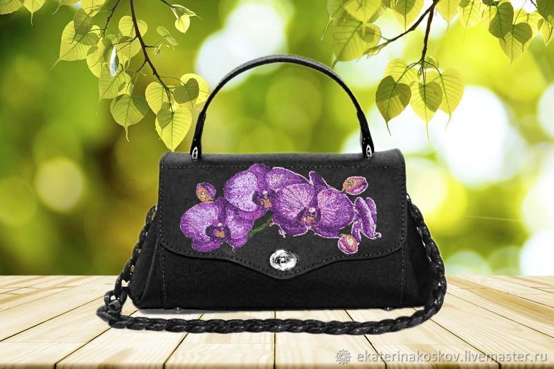  черная сумка женская с вышивкой орхидея, Сумка через плечо, Санкт-Петербург,  Фото №1