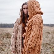 Одежда handmade. Livemaster - original item cardigans: Women`s knitted cardigan camel coat with a hood to order. Handmade.