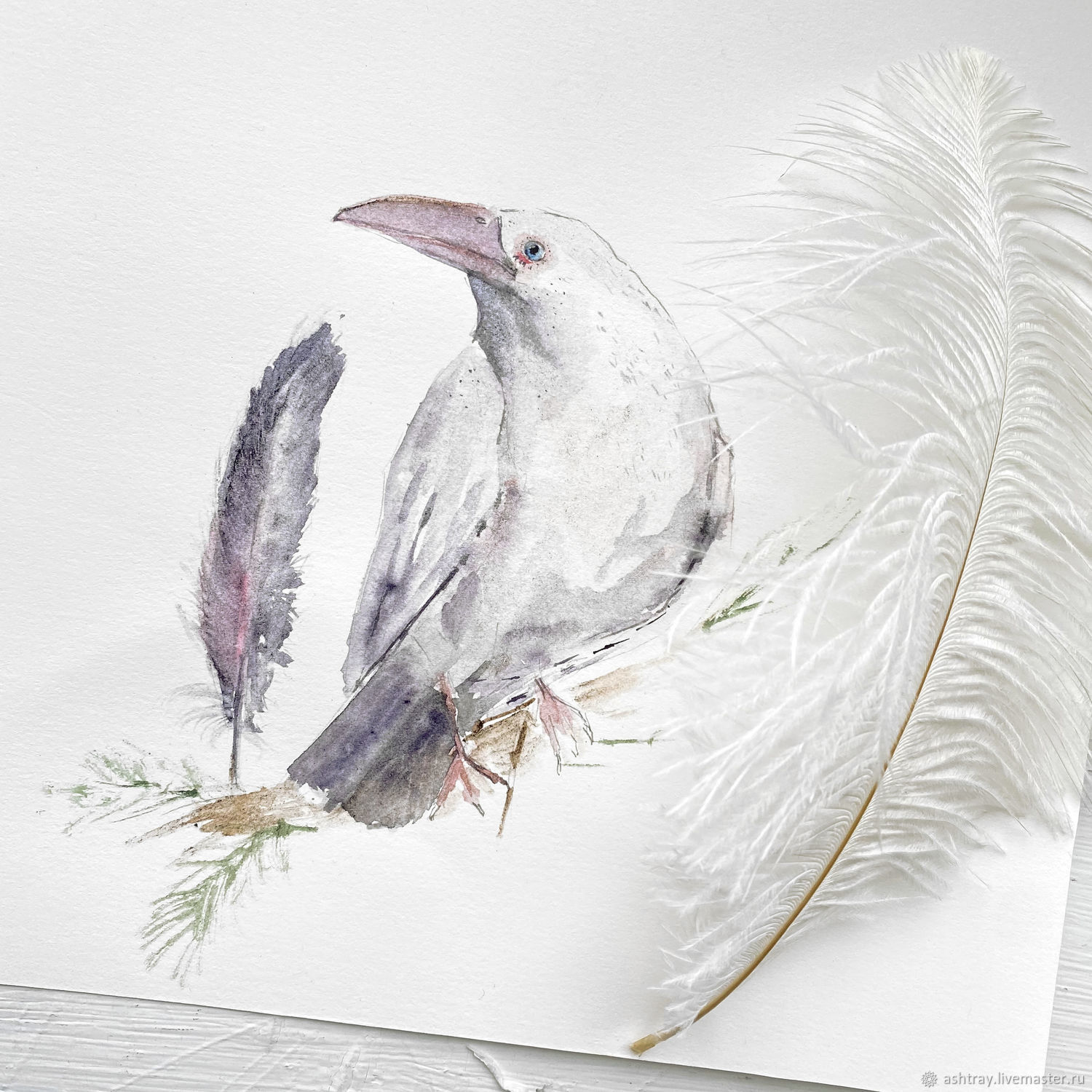 'White Raven' watercolor painting (birds, lilac, white), Pictures, Korsakov,  Фото №1