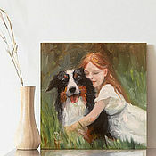 Картины и панно ручной работы. Ярмарка Мастеров - ручная работа Girl with a dog, oil painting on canvas, 20h20 cm. Handmade.