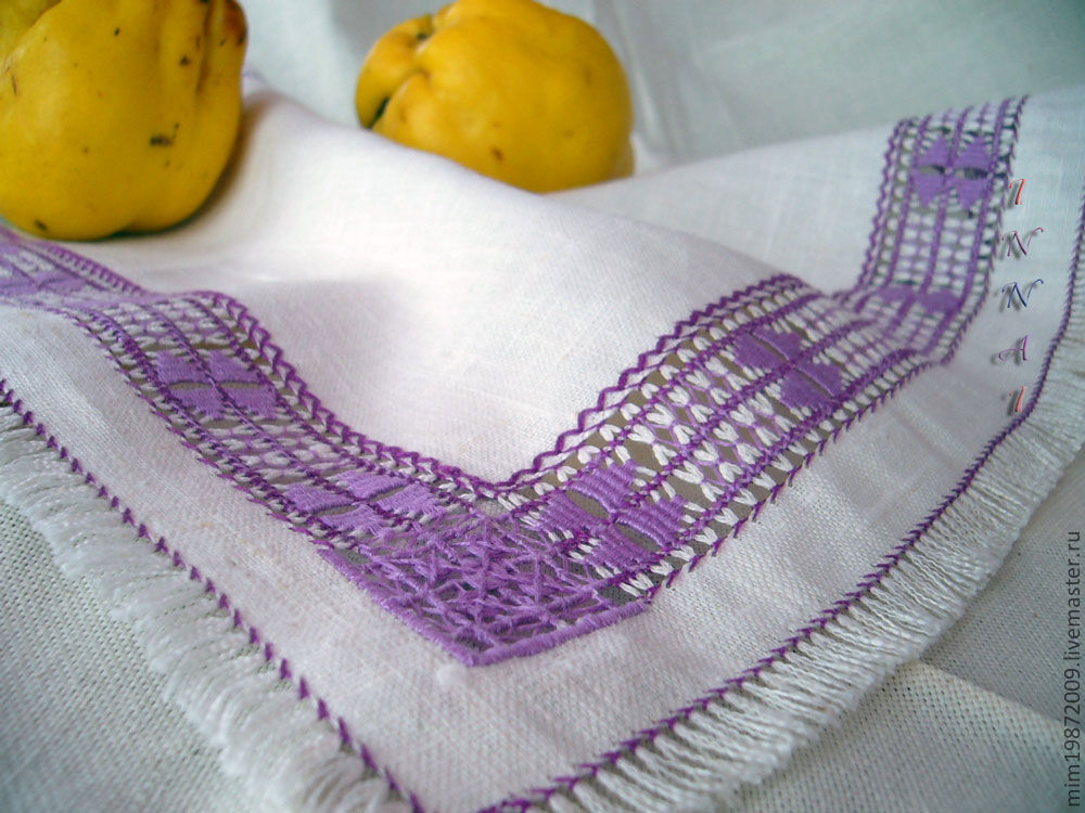 linen napkin embroidered area hand embroidery floss strojeva embroidery hemstitch white napkin with fringe retro style lilac floss fringe
