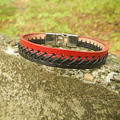 Украшения handmade. Livemaster - original item Thin leather bracelet Red stripe, Black stripe. Handmade.