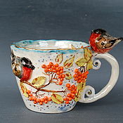 Посуда handmade. Livemaster - original item Bullfinches on mountain ash. Cup porcelain.. Handmade.