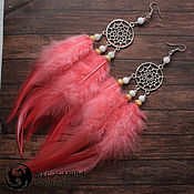 Украшения handmade. Livemaster - original item Coral dream catchers earrings with feldspar, 17-18 cm. Handmade.