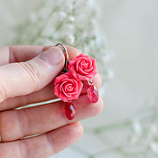 Украшения handmade. Livemaster - original item Handmade earrings with a pink rose and a Swarovski drop. Handmade.